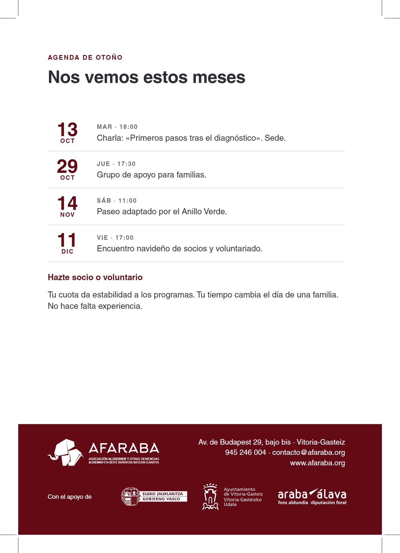 Agenda de actividades y contraportada del boletín