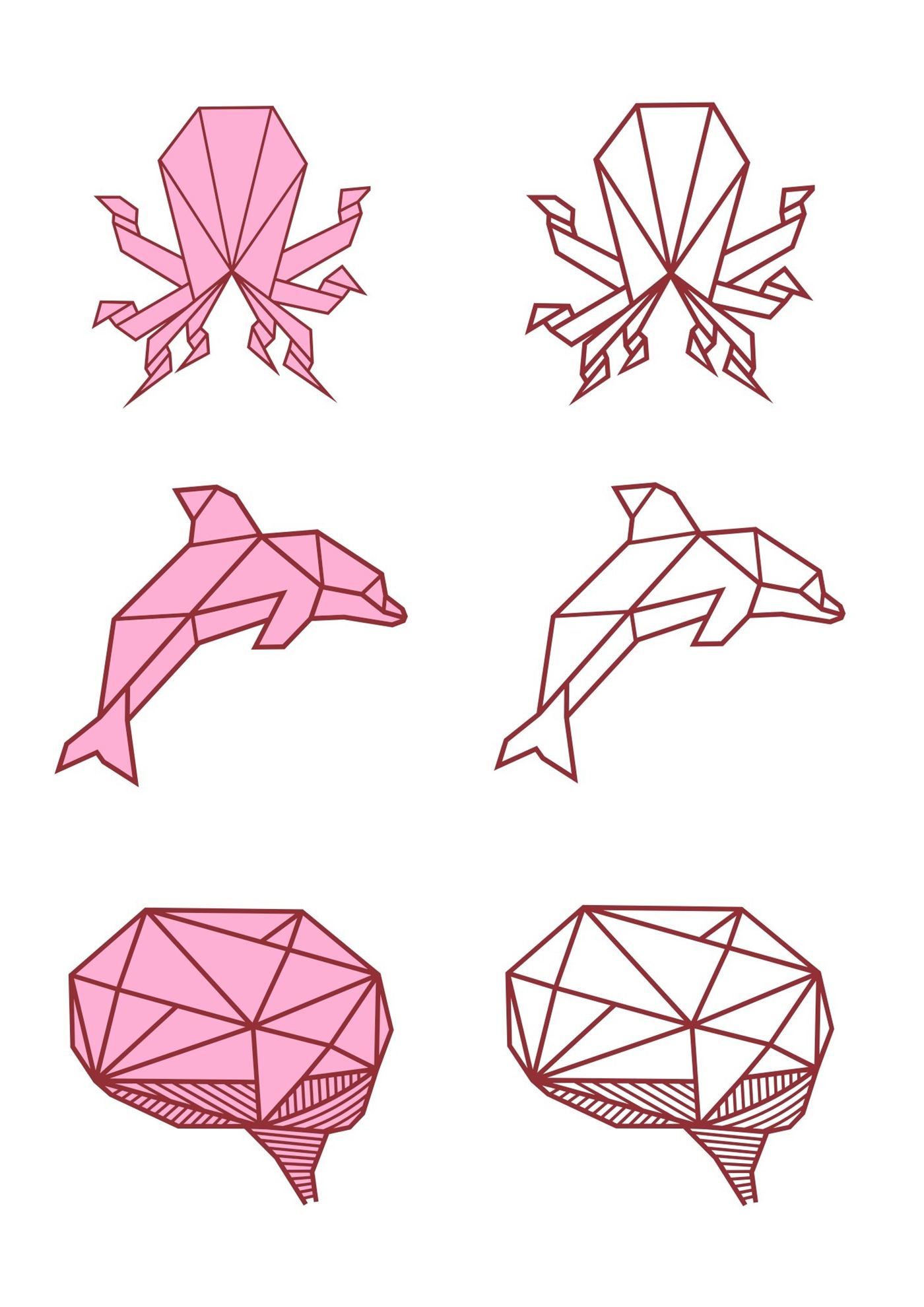 Ilustraciones geométricas de pulpo, delfín y cerebro