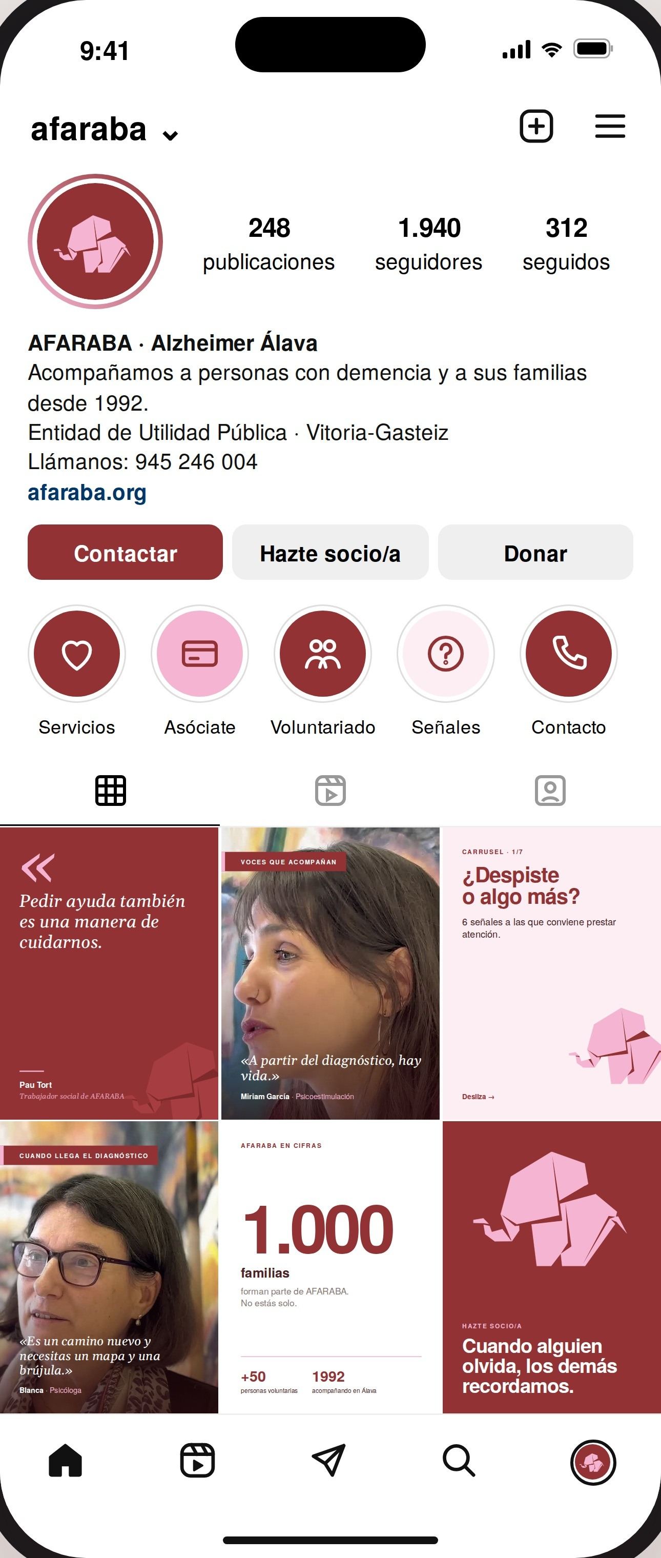 Perfil de Instagram de AFARABA en un móvil