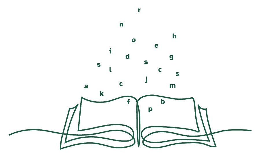 Ilustración a una línea: letras que salen volando de un libro
