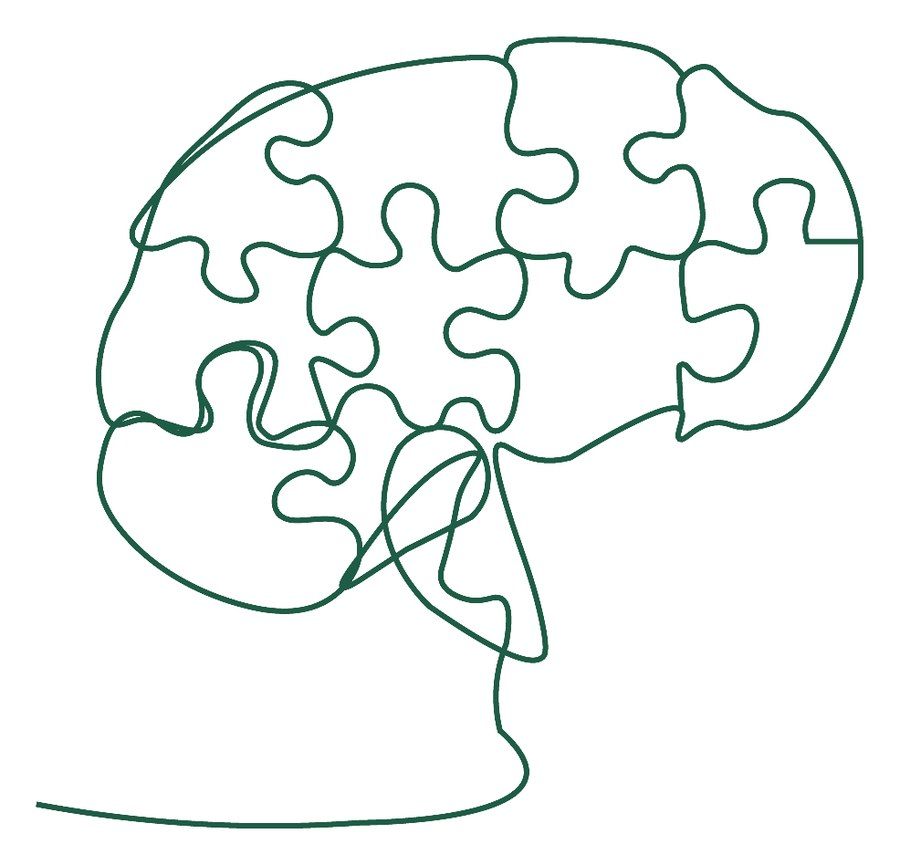 Ilustración a una línea: cerebro hecho de piezas de puzle